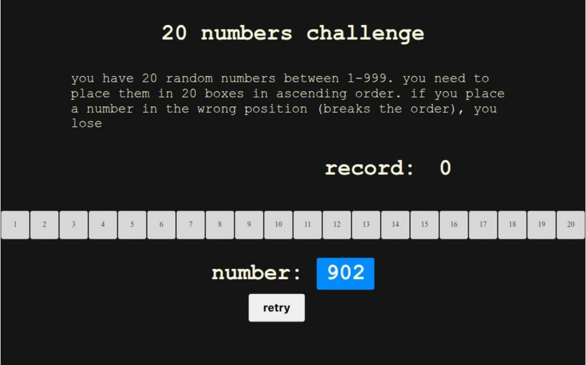 20 numbers challenge game